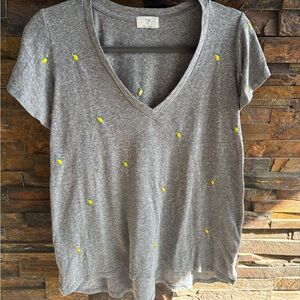 Gray V-Neck T-Shirt with Yellow Accents